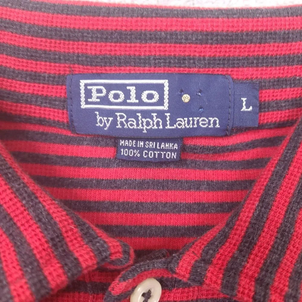 Polo Ralph Lauren Polo Shirt Men Large Red Navy Striped Pocket Mini‎ Waffle Knit